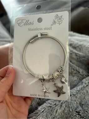 4/$50 Ella Silver Stainless Steel Beach Charm Bangle bracelet